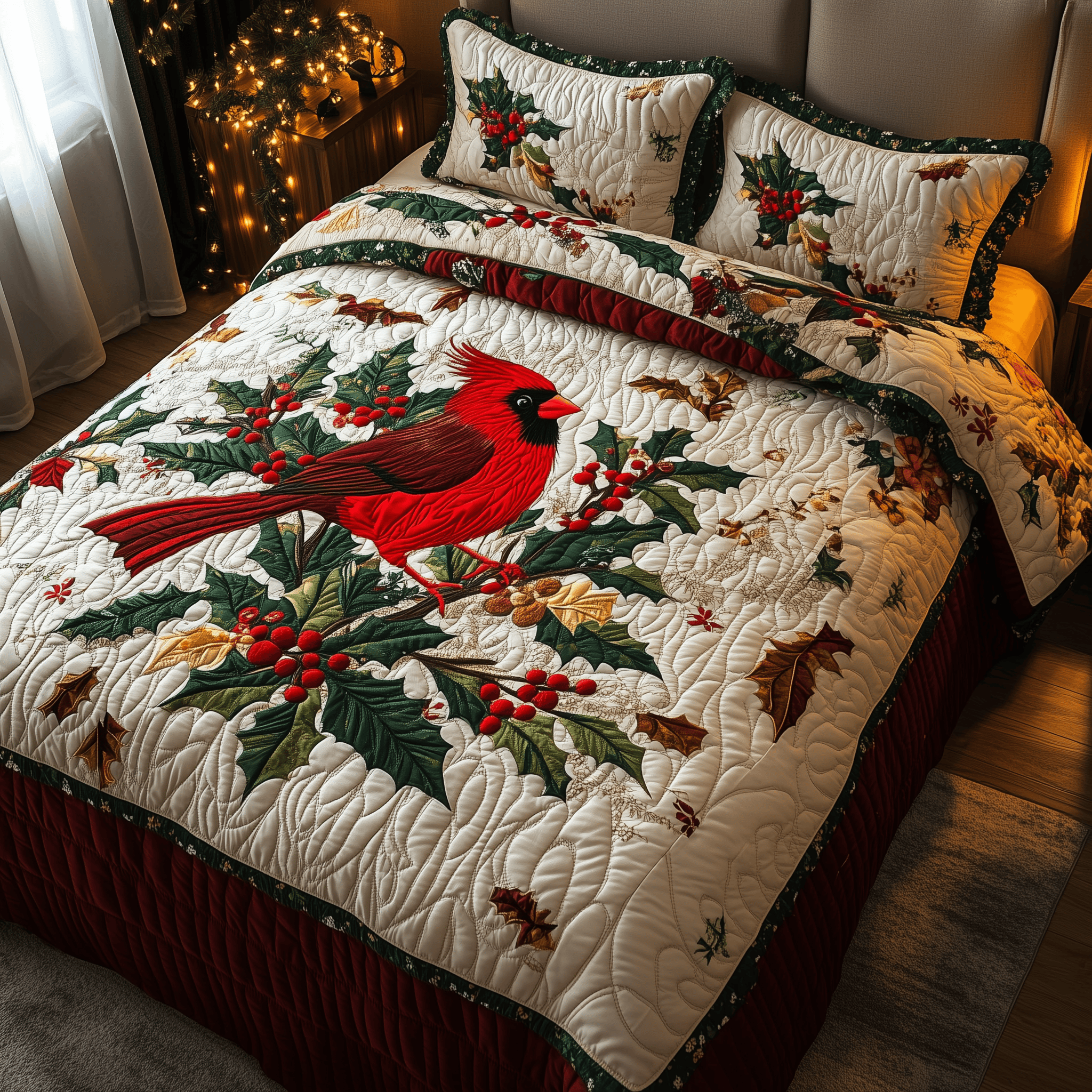 Red Cardinal Holiday Quilted Bedding Set  Stay warm this winter Christmas Presents For Her