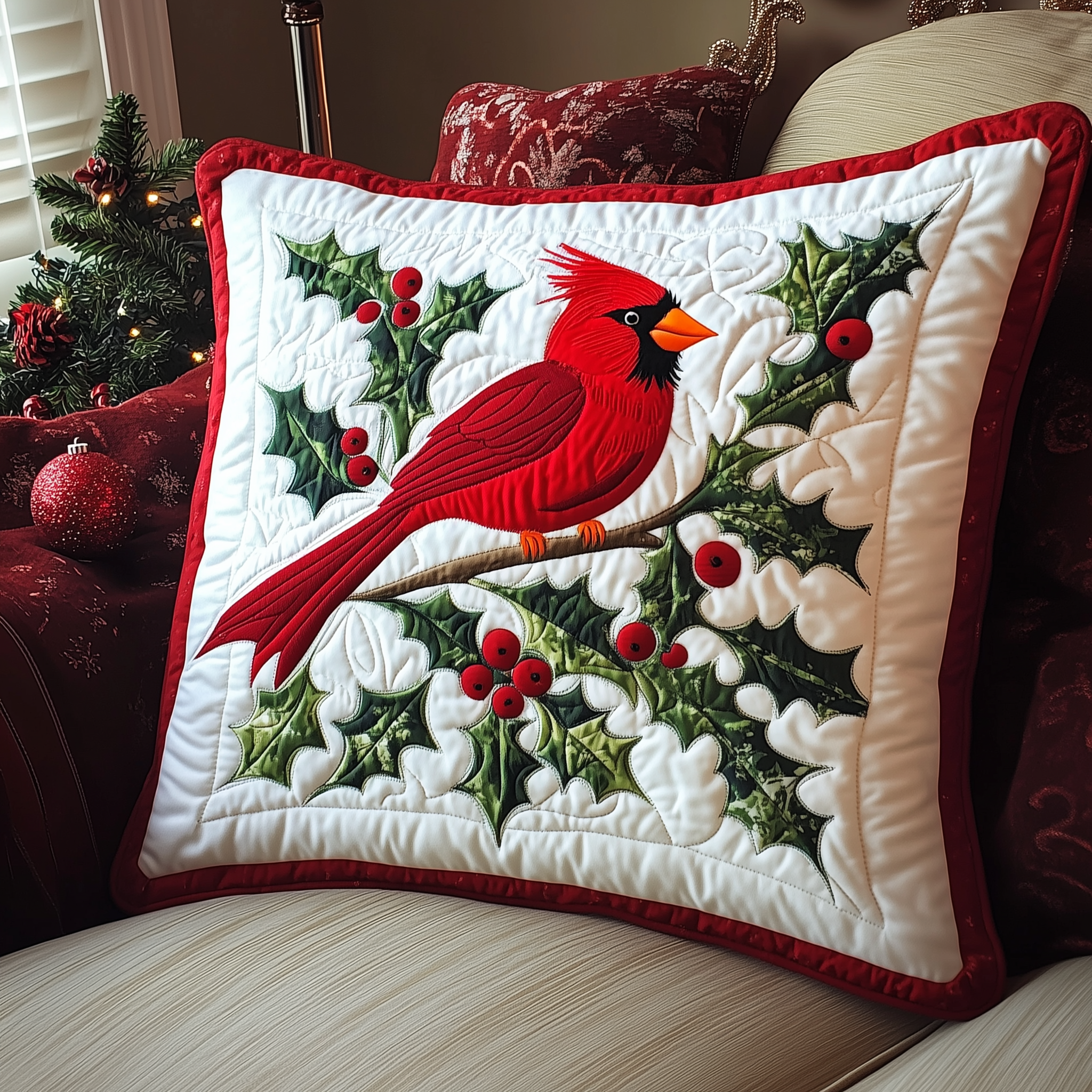 Red Cardinal Holiday Quilted Pillow Case Christmas Throw Pillow Cover Cardinal Themed Gifts