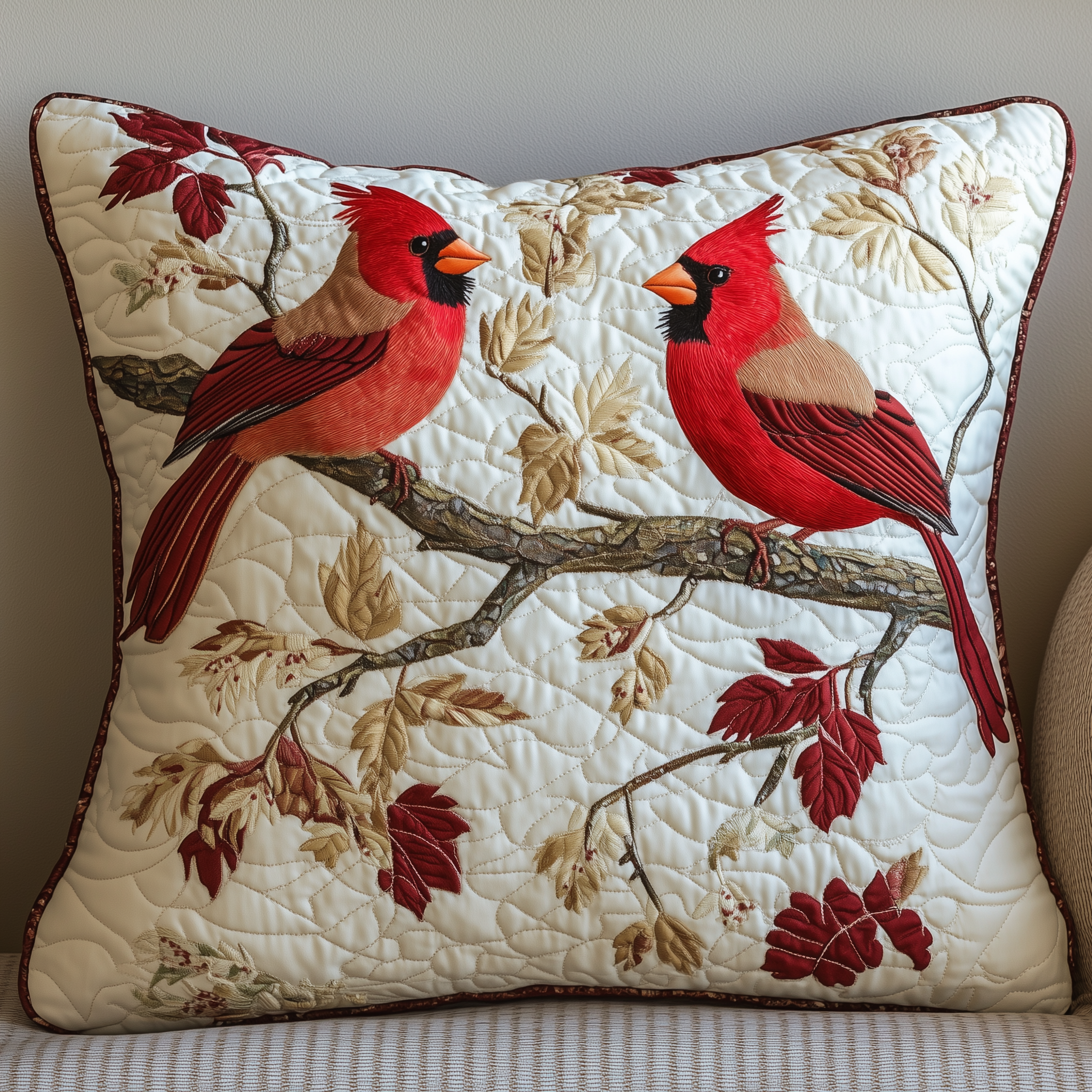 Red Cardinal Quilted Pillow Case Christmas Holiday Xmas Throw Pillow Cover Gifts For Cardinal Lovers
