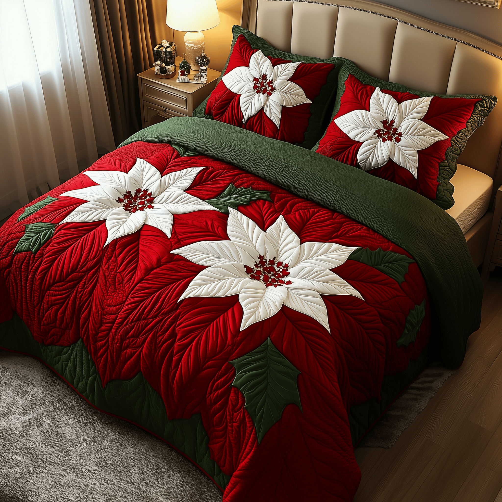 Red Poinsettias Quilted Bedding Set Xmas Presents For Mother In Law