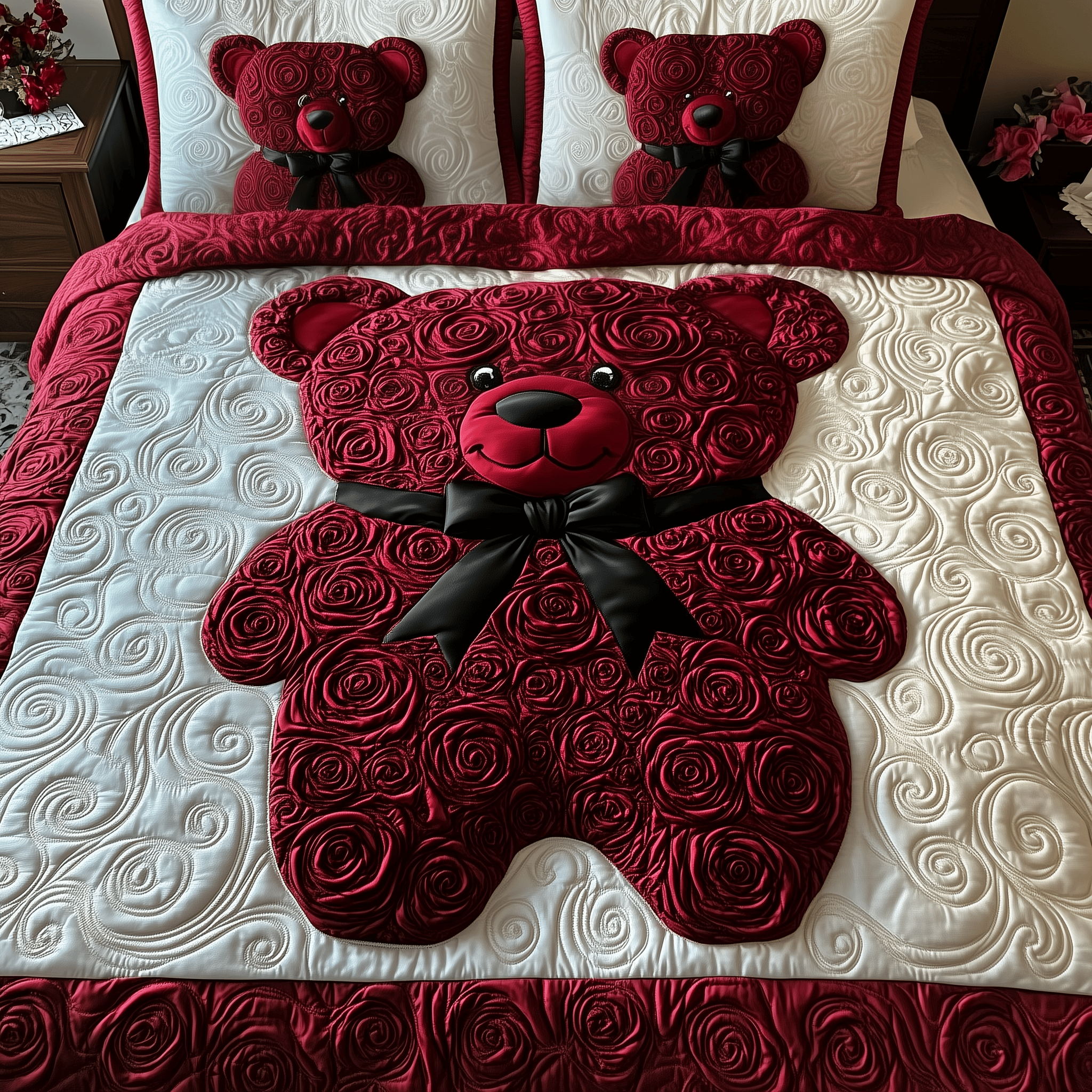 Red Roses Love Bear Quilted Bedding Set Father's Day Duvet Cover Set Gifts For Bear Lovers
