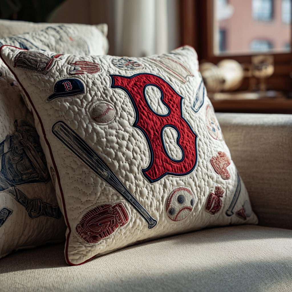 Red Sox Baseball Quilted Pillow Case Handmade Cushion Cover Sports Fan Gift