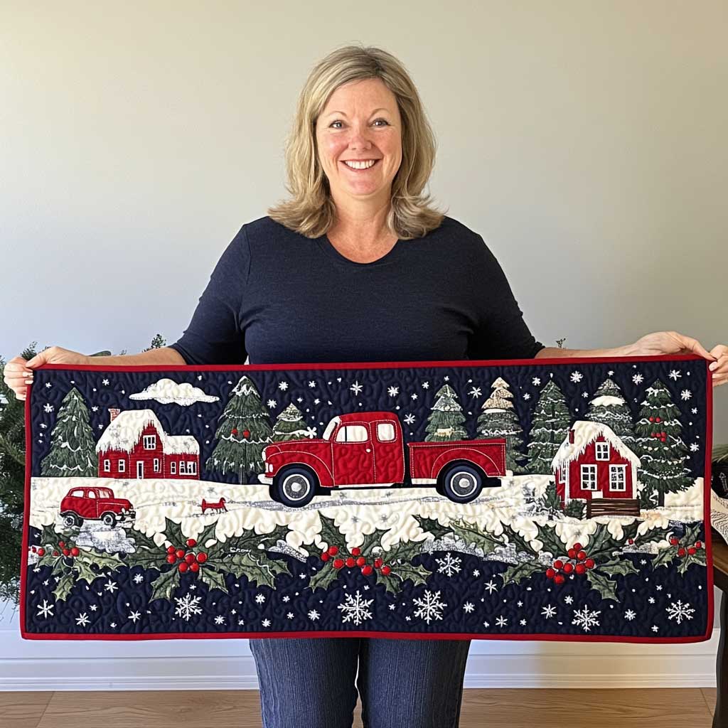 Red Truck Christmas Night Quilted Table Runner Holiday Christmas Kitchen Indoor Decorations Gifts For Family