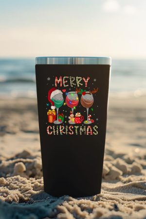 Merry Christmas Lights Drinking Wine Santa Hat Pajamas Women Tumbler