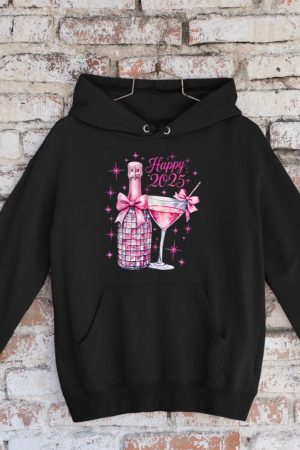 New Years 2025 Pink Champagne Shirt Wine Bottle Disco Balls Hoodie