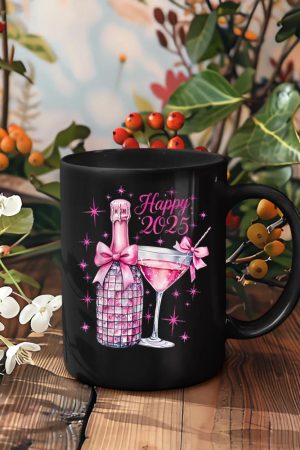 New Years 2025 Pink Champagne Shirt Wine Bottle Disco Balls Mug
