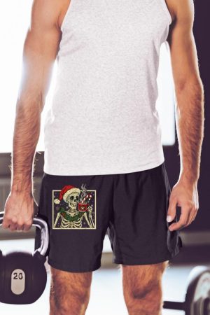 Christmas Skeleton Coffee Lover Funny Lights Skull Santa Hat Short