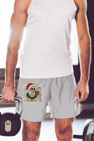 Christmas Skeleton Coffee Lover Funny Lights Skull Santa Hat Short