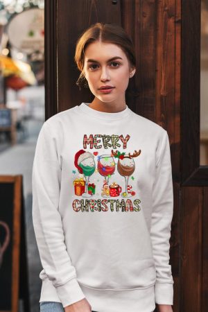 Merry Christmas Lights Drinking Wine Santa Hat Pajamas Women Sweatshirt