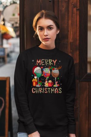Merry Christmas Lights Drinking Wine Santa Hat Pajamas Women Sweatshirt