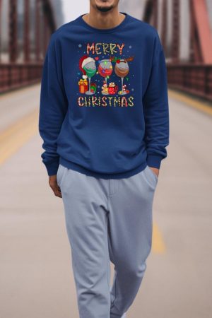Merry Christmas Lights Drinking Wine Santa Hat Pajamas Women Sweatshirt