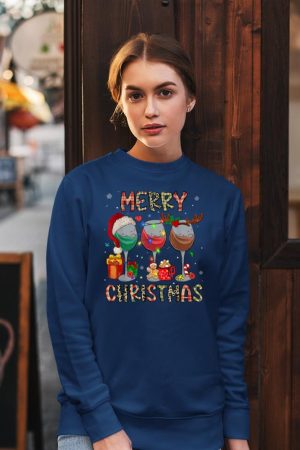 Merry Christmas Lights Drinking Wine Santa Hat Pajamas Women Sweatshirt