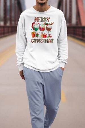 Merry Christmas Lights Drinking Wine Santa Hat Pajamas Women Sweatshirt