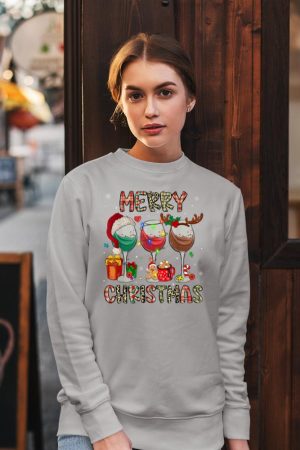 Merry Christmas Lights Drinking Wine Santa Hat Pajamas Women Sweatshirt