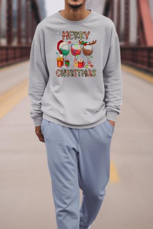 Merry Christmas Lights Drinking Wine Santa Hat Pajamas Women Sweatshirt