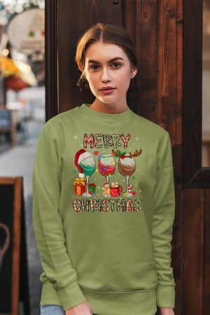 Merry Christmas Lights Drinking Wine Santa Hat Pajamas Women Sweatshirt