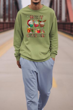 Merry Christmas Lights Drinking Wine Santa Hat Pajamas Women Sweatshirt