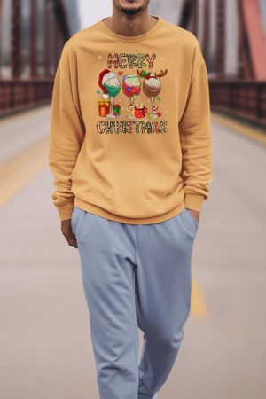 Merry Christmas Lights Drinking Wine Santa Hat Pajamas Women Sweatshirt