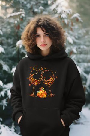 Wine Glass Maple Leaf Autumn Fall Season Thanksgiving Hoodie