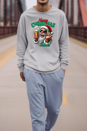 Merry Christmas Funny Santa Claus Middle Finger Drink Beer Sweatshirt