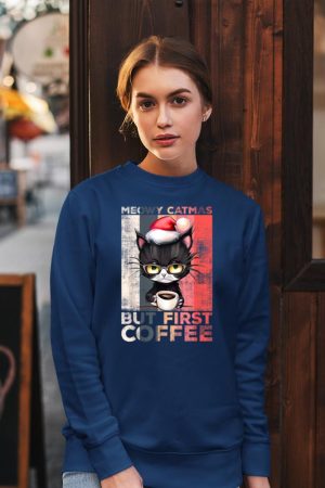 Meowy Catmas But First Coffee Cat Christmas Vintage Women Sweatshirt