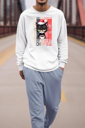 Meowy Catmas But First Coffee Cat Christmas Vintage Women Sweatshirt