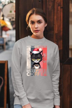 Meowy Catmas But First Coffee Cat Christmas Vintage Women Sweatshirt