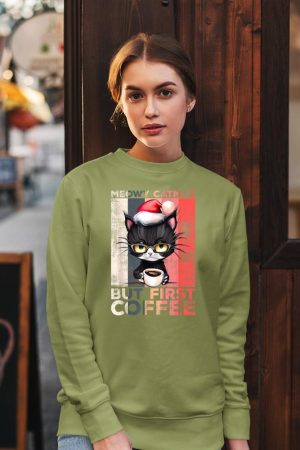 Meowy Catmas But First Coffee Cat Christmas Vintage Women Sweatshirt