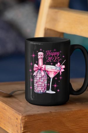 New Years 2025 Pink Champagne Shirt Wine Bottle Disco Balls Mug
