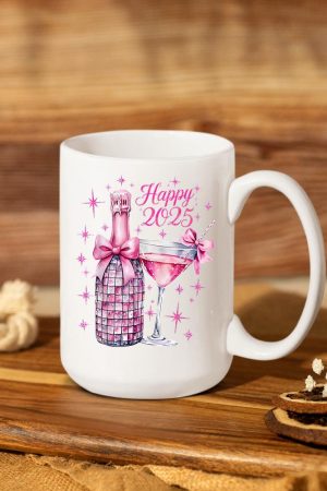 New Years 2025 Pink Champagne Shirt Wine Bottle Disco Balls Mug