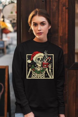 Christmas Skeleton Coffee Lover Funny Lights Skull Santa Hat Sweatshirt