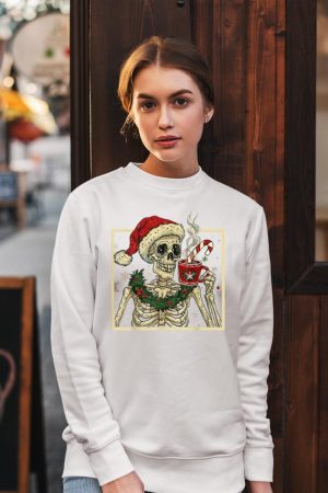 Christmas Skeleton Coffee Lover Funny Lights Skull Santa Hat Sweatshirt