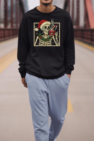 Christmas Skeleton Coffee Lover Funny Lights Skull Santa Hat Sweatshirt
