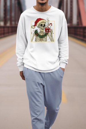 Christmas Skeleton Coffee Lover Funny Lights Skull Santa Hat Sweatshirt