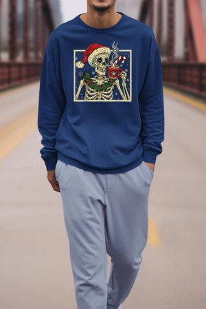 Christmas Skeleton Coffee Lover Funny Lights Skull Santa Hat Sweatshirt