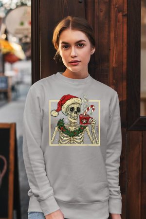 Christmas Skeleton Coffee Lover Funny Lights Skull Santa Hat Sweatshirt