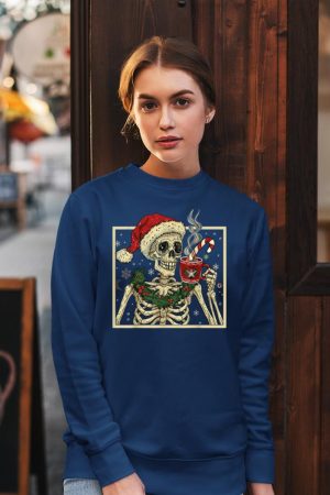 Christmas Skeleton Coffee Lover Funny Lights Skull Santa Hat Sweatshirt