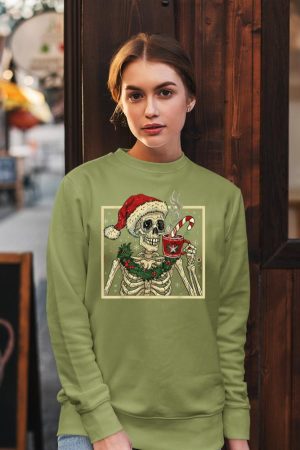 Christmas Skeleton Coffee Lover Funny Lights Skull Santa Hat Sweatshirt