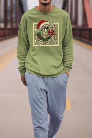Christmas Skeleton Coffee Lover Funny Lights Skull Santa Hat Sweatshirt