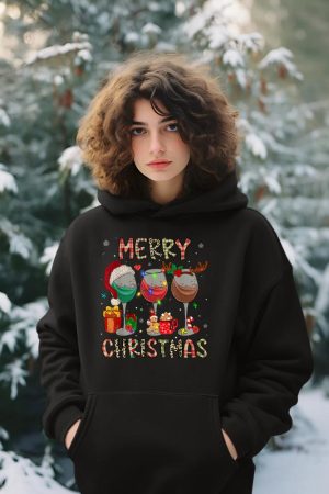 Merry Christmas Lights Drinking Wine Santa Hat Pajamas Women Hoodie