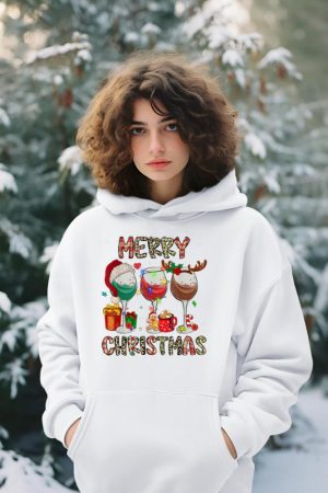Merry Christmas Lights Drinking Wine Santa Hat Pajamas Women Hoodie