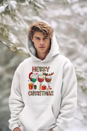 Merry Christmas Lights Drinking Wine Santa Hat Pajamas Women Hoodie