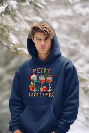 Merry Christmas Lights Drinking Wine Santa Hat Pajamas Women Hoodie