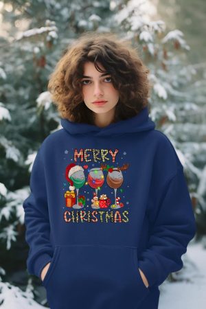 Merry Christmas Lights Drinking Wine Santa Hat Pajamas Women Hoodie