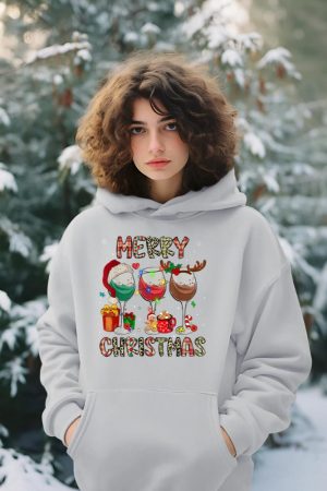 Merry Christmas Lights Drinking Wine Santa Hat Pajamas Women Hoodie