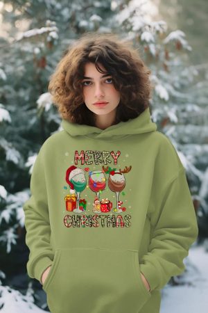 Merry Christmas Lights Drinking Wine Santa Hat Pajamas Women Hoodie