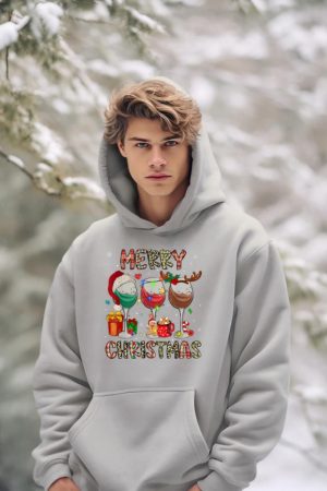 Merry Christmas Lights Drinking Wine Santa Hat Pajamas Women Hoodie