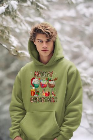Merry Christmas Lights Drinking Wine Santa Hat Pajamas Women Hoodie