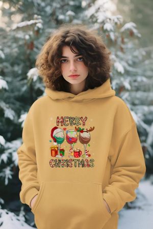 Merry Christmas Lights Drinking Wine Santa Hat Pajamas Women Hoodie