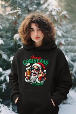Merry Christmas Funny Santa Claus Middle Finger Drink Beer Hoodie